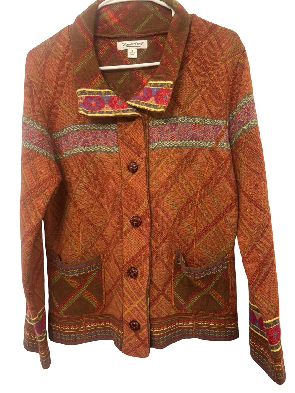 Coldwater Creek Orange Multicolor Boho Western Patterned Button Jacket Medium